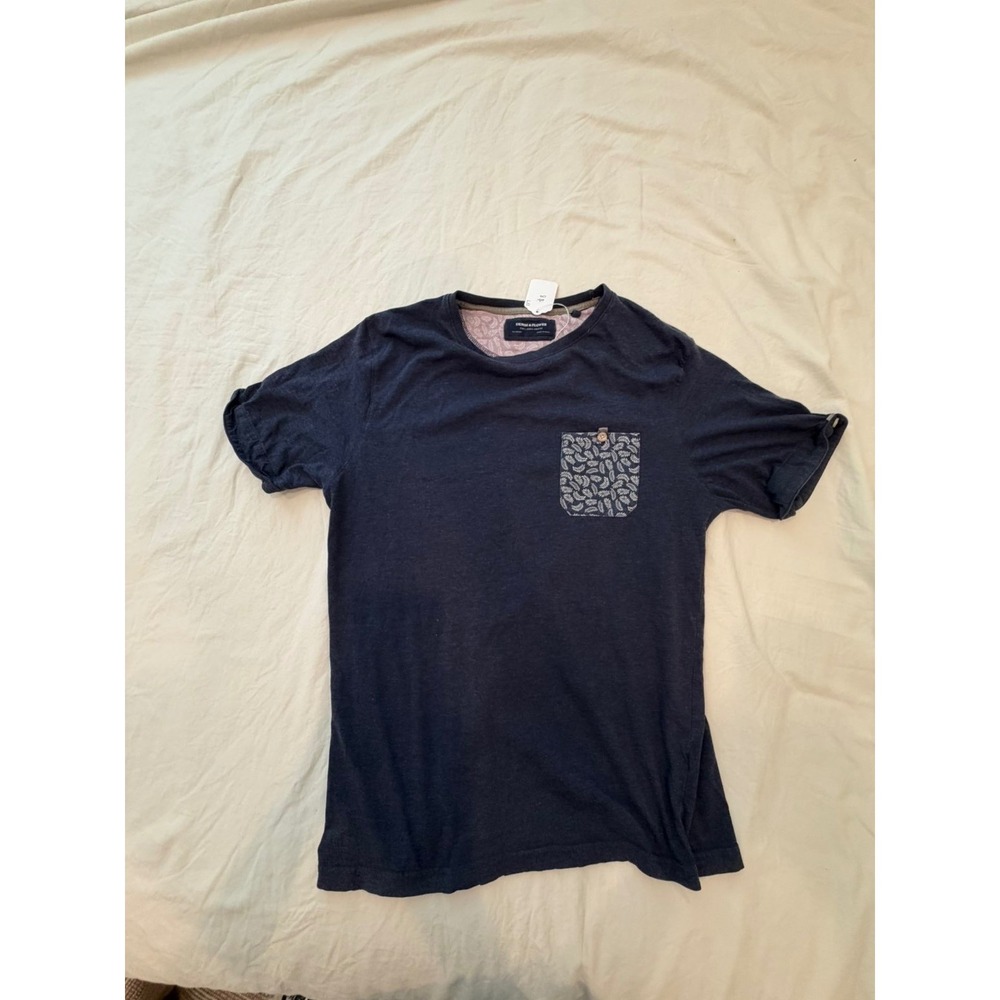 Mens Navy Blue Pocket Tee Paisley Pattern Short Sleeve Casual Denim Flower Large